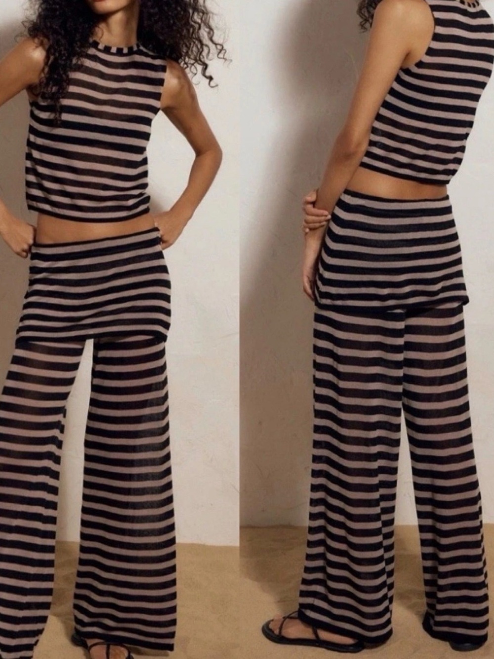 Free People Black and Taupe Striped Wide-Leg Knit Pants